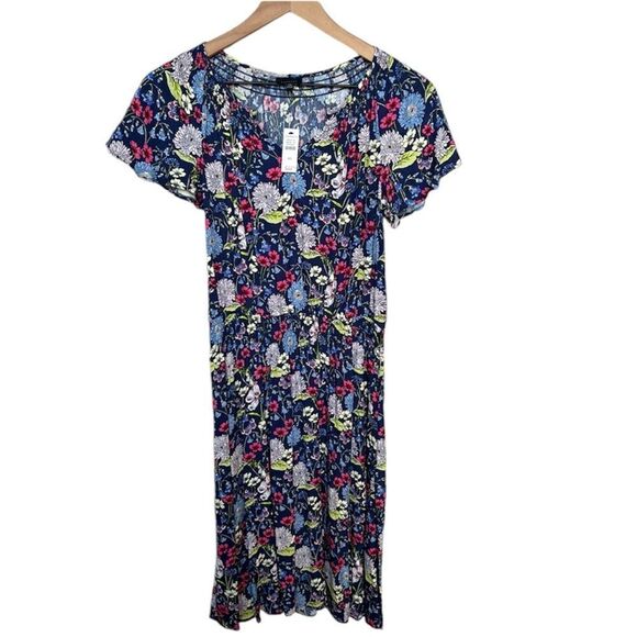 Talbots NWT Floral Short Sleeve Midi Dress Blue Pink Lightweight Summer Dress XS - Picture 1 of 9